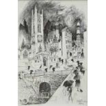 William Papas (1927-2000), "Manchester Cathedral on a Rainy Day", signed and titled, ink, 37.5 x