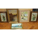 Two framed floral pictures on glass, watercolour of bluebell scene, oil painting of brdgie scene