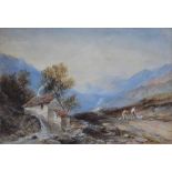 Edward Tucker (1846-1909), Mountainous view with figures alongside a watermill, signed, watercolour,