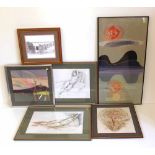 Three framed collage and needlework pictures by Elaine Pearce and two nude studies by David Berry (