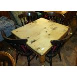 Pine scrub-top kitchen table and four Victorian style chairs. Condition report: see terms and