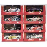 Eight Ninco boxed slot racing cars, to include three Toyota Celica GT-Four Ref.50109, 50110,