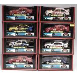 Eight Scalextric boxed cars with lights and Magnatraction, to include Alfa Romeo No56 limited