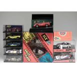 Collection of Slot car racing toys, five by Fly to include Red Panoz GTR1, ref.E62, two Porsche