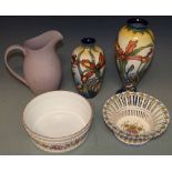 Wedgwood Interiors jug, modern Dresden style bowl, two Moorcroft style vases etc. Condition