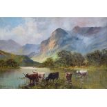 Stanley Graham, 19th/20th century, Mountainous highland landscape with cattle watering, signed,
