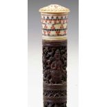 Carved hardwood walking cane decorated with Indian Hindu Gods, Ganesha, Shiva, Krishna also many