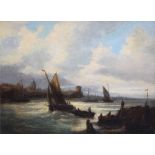 British School, 19th century, Coastal scene with various boats and sailing vessels, oil on canvas,