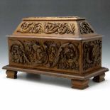 Carved oak Renaissance style box, the interior named A.S. Waymouth, length 49cm.