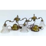 Pair of brass rise and fall electric ceiling lights, both with two branches, glass shades, pulleys