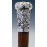 Malacca cane walking stick, the Chinese silver top embossed with figures at leisure, length 86.5cm