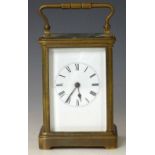 French brass carriage clock, white enamel Roman dial, eight day movement stiking the half and