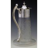 Edwardian claret jug with an etched glass body and electro-plated neck and handle, height 25cm.