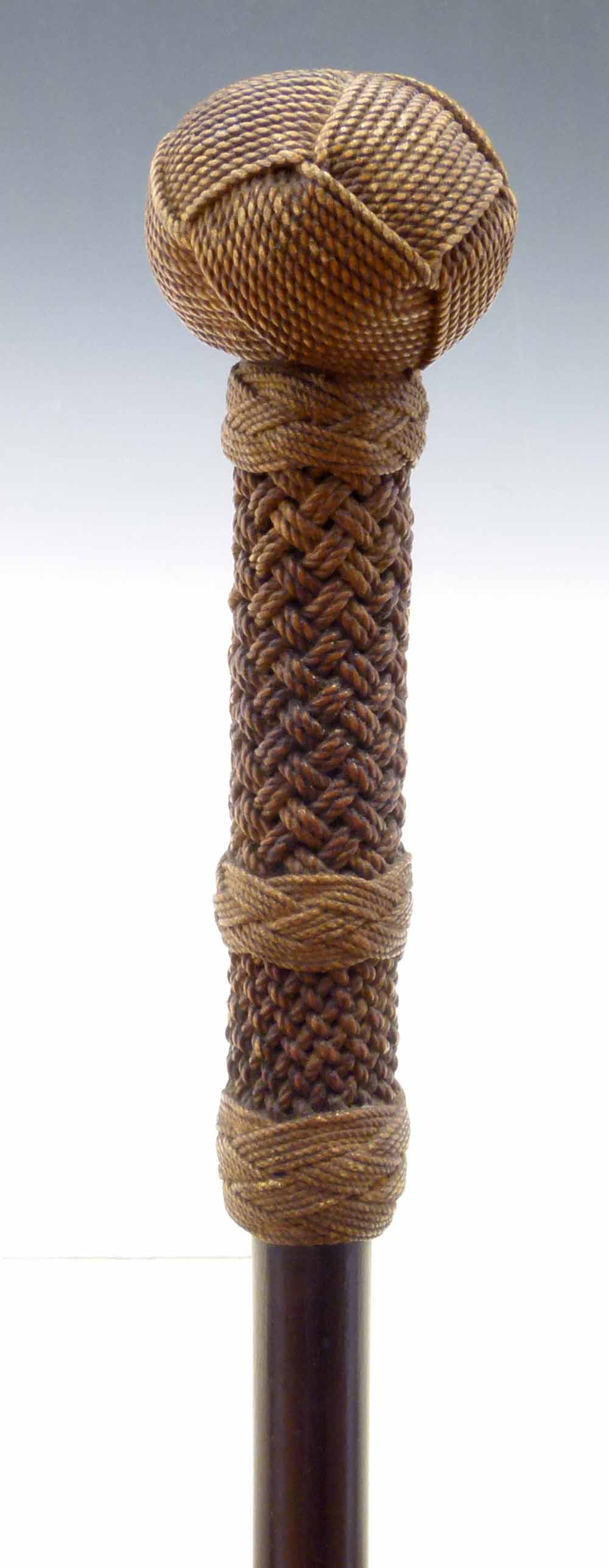 Victorian mariner's walking cane, braided twine handle and Turk's head pommel, length 88cm.