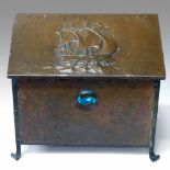 Copper covered Arts & Crafts coal box, the lid embossed with a galleon and the front set with a