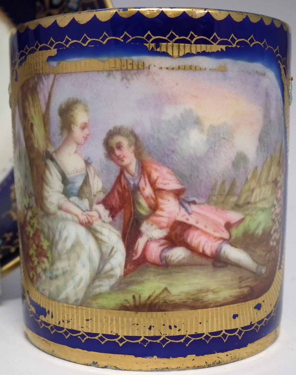 Two Sevres coffee cans and saucers, painted with floral sprays and figures within landscapes, - Image 3 of 15