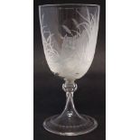 Engraved glass goblet possibly Stourbridge, Thomas Webb, decorated with a fox stalking a duck in the