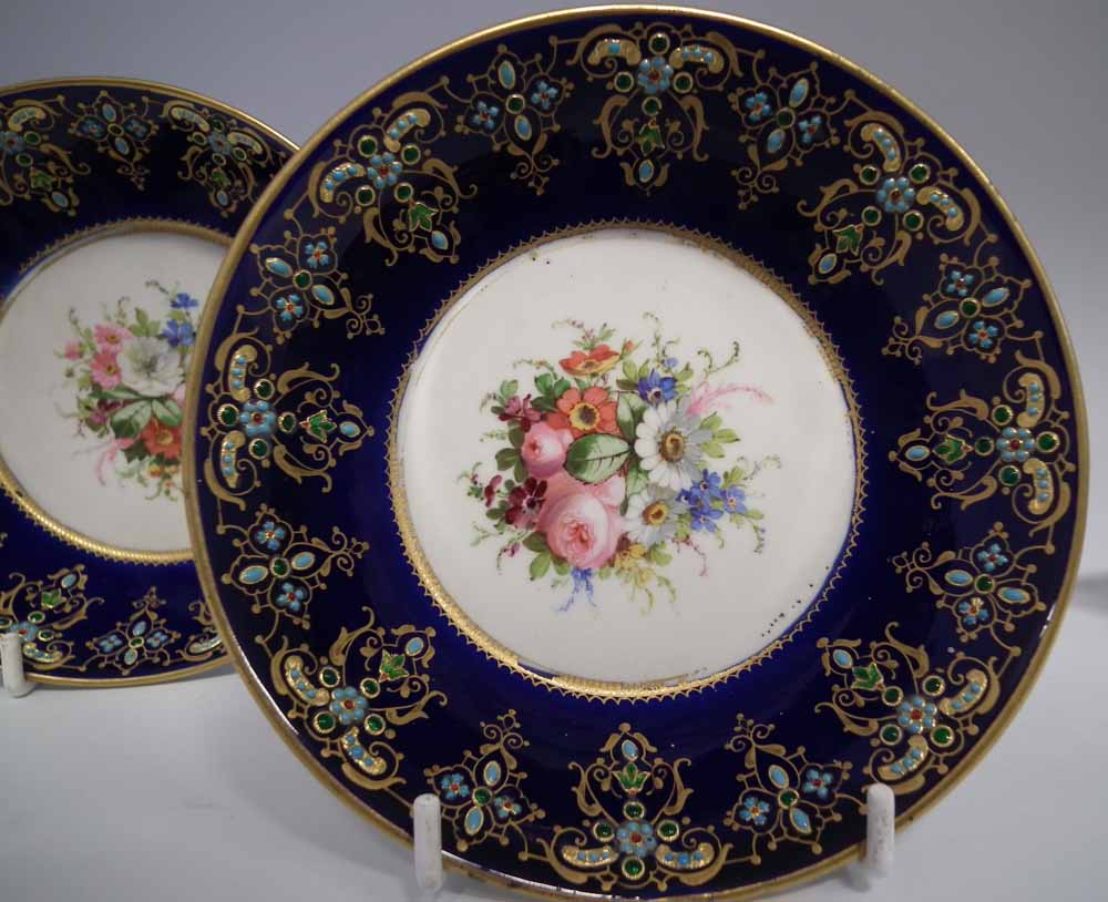 Two Sevres coffee cans and saucers, painted with floral sprays and figures within landscapes, - Image 8 of 15