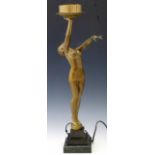 Art Deco patinated spelter figural lamp base, height 45cm, on a stepped marble base.