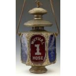 New York Mutual Hose 1 fire engine lantern by De Voursney Bros, 389 Broome St, New York, the