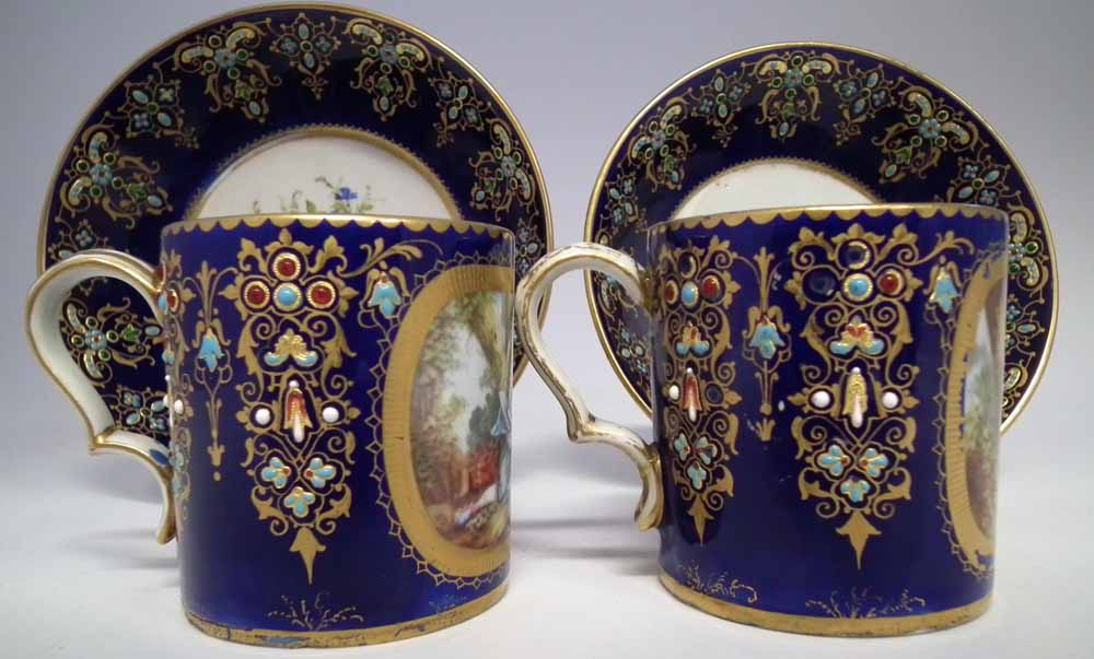 Two Sevres coffee cans and saucers, painted with floral sprays and figures within landscapes, - Image 6 of 15