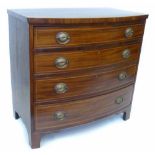 19th century mahogany bow front chest of drawers, top with chequered stringing above four