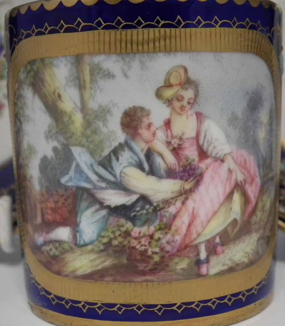 Two Sevres coffee cans and saucers, painted with floral sprays and figures within landscapes, - Image 2 of 15