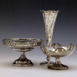 Filled silver bon-bon dish, diameter 13cm; a smaller silver bon-bon dish; wrythen silver trumpet