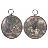 Two enamel miniatures, decorated with figures in garden scenes, mounted in copper frames, 19th