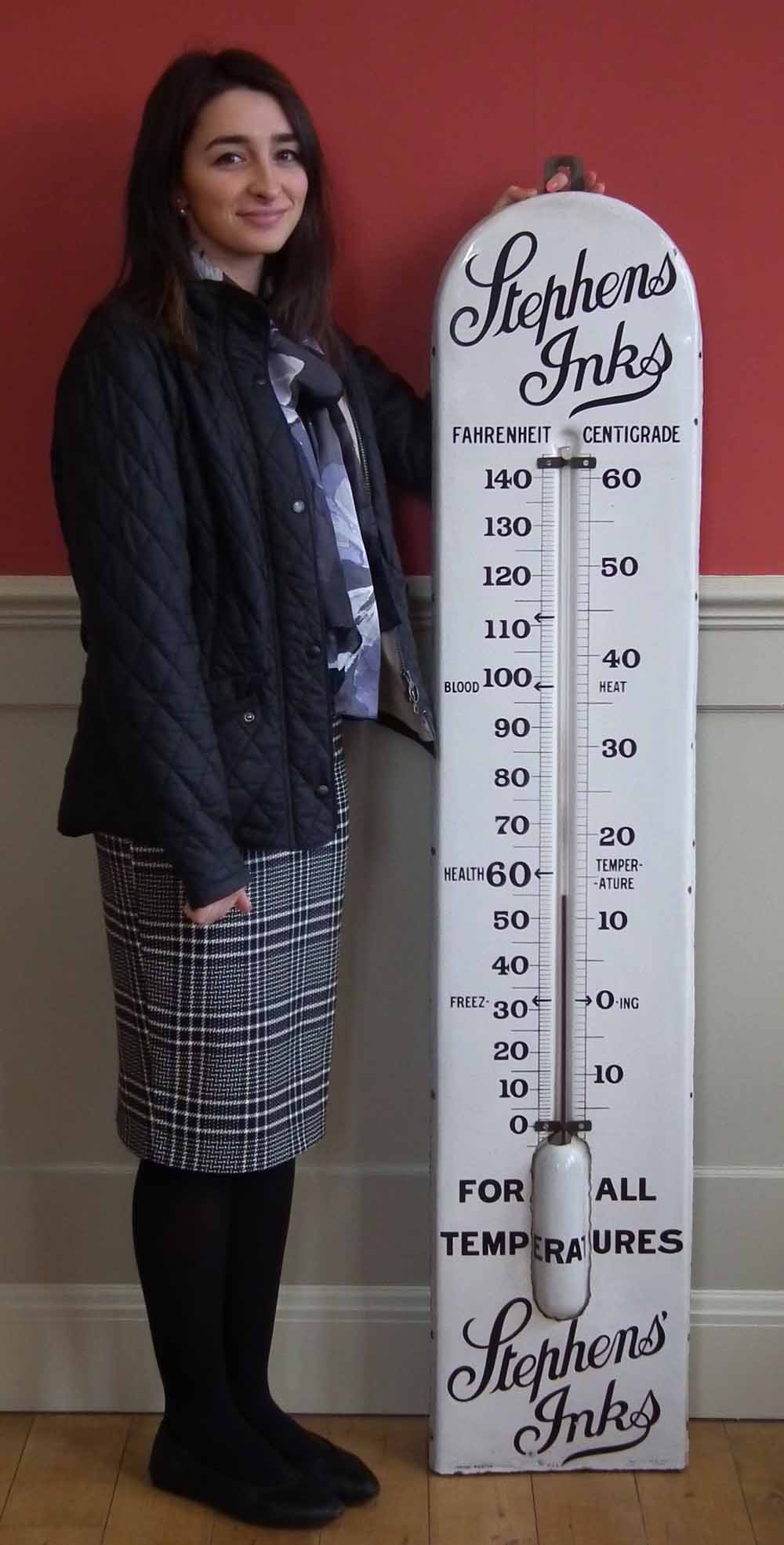 'Stephens Inks' large tin and enamel shop advertising thermometer, signed by Jordan Bilston,