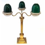 Clarkes three branch Cricklite brass table top library lamp with three press glass pans supporting