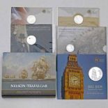 Royal Mint 2015 fine silver £100 'Big Ben' coin; silver proof £5 crown Trafalger set of two