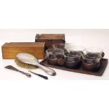 Schott and Gen Jena glass set, Wheelor and Wilson sewing machines box, tea caddy silver brush shoe