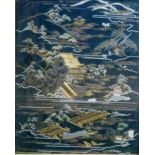 Chinese silk and gold thread embroidered panel depicting a coastline, 80 x 64cm, framed. Condition