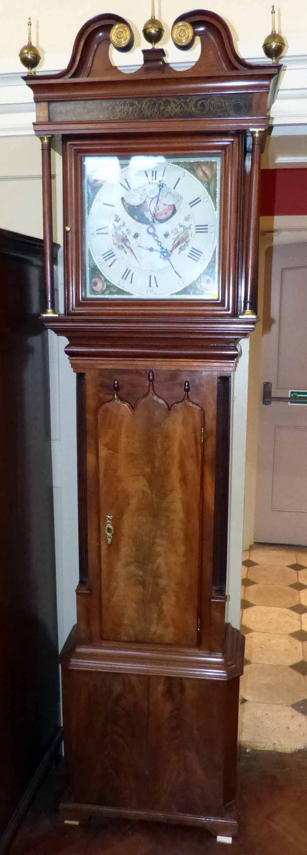 Mahogany longcased clock with painted dial, 2 weights, pendulum and key Condition report: see