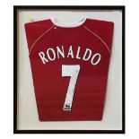 Framed Christiano Ronaldo shirt 62x68cm c/w soccer stuff 4U certificate 2007 Condition report: see