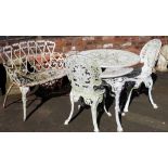 Cast Alloy garden table, 2 chairs, corner stand and cast iron settee Condition report: see terms and