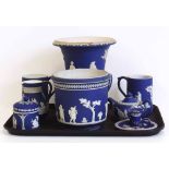 Wedgewood blue jasper Campana vase, teapot, two tancards, jug, jardiniere, candle stick and lidded