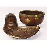 Oak musical cigerette box in the form of a barrel, oak fruit bowl and heavy oval broze dish, the