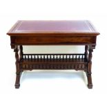 Mid 19th century mahogany and figured walnut veneered writing desk, the rectangular top with red