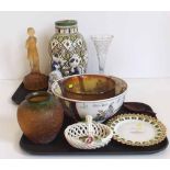 Modern oriental bowl, Leonardo figure group, Blackpool ribbon plate, continetal vase, amber glass