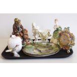 Two cabinet plates painted with fish, a Moores type bon bon dish with cherub, a coalport clock,