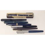 Parker blue marbled fountain pen with gold nib; marble Todd black resin fountain pen and five others