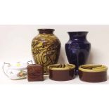 Denby vase, Gladstone vase and two bowls, chest of drawers money box and a sucrier Condition report: