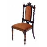 Victorian rosewood framed child's single chair, upholstered back panel flanked by barley sugar twist