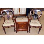 Edwardian mahogany and inlaid music stool and pair of Victorian mahogany dining chairs Condition