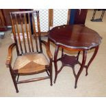 Edwardian centre table and beech rush-seated low elbow chair Condition report: see terms and