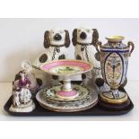 Ironstone plate, Nuritake vase, cake stand, pair of Staffs dogs and 2 continental figures etc