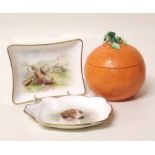 Minton pin dish signed Dean, another dish decorated with a pheasant shoot and an orange sucrier