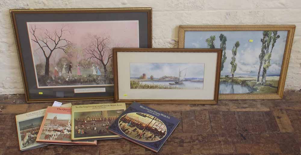 Helen Bradley framed print, 4 associated books 'In The Beinning' 'Miss Carter Came With Us' and '